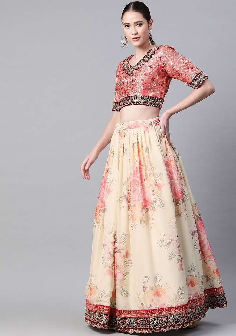 Cream Emboridered Blended Lehenga Choli - Indya
