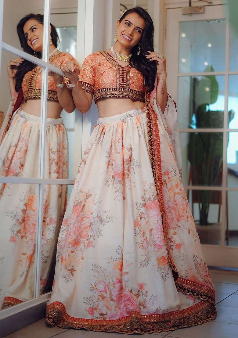 Cream Emboridered Blended Lehenga Choli - Indya