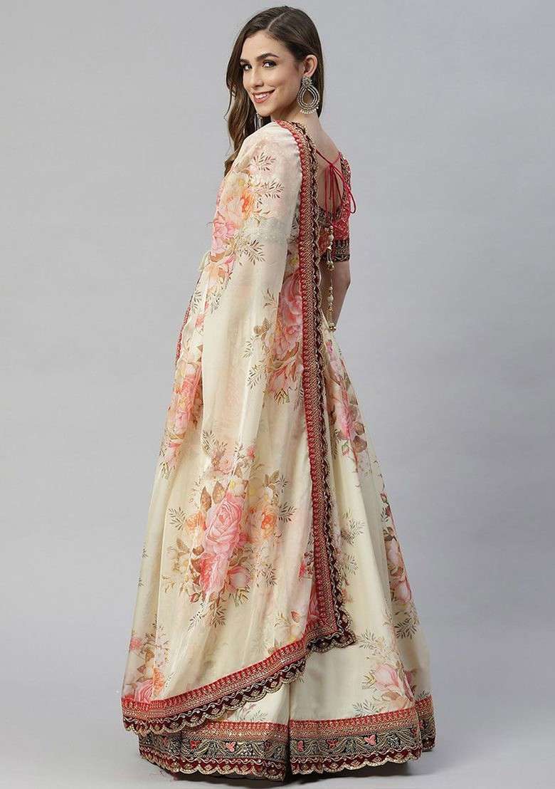 Cream Emboridered Blended Lehenga Choli - Indya