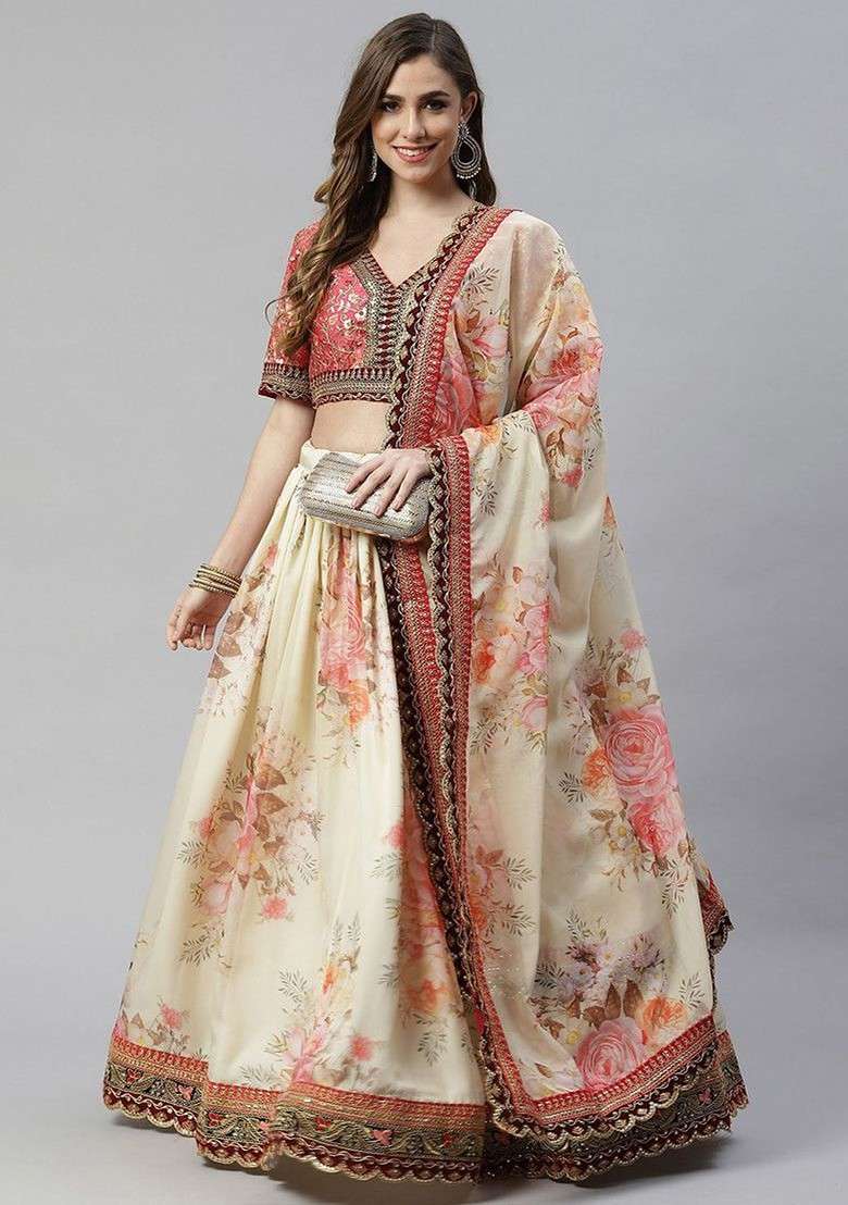 Cream Emboridered Blended Lehenga Choli - Indya