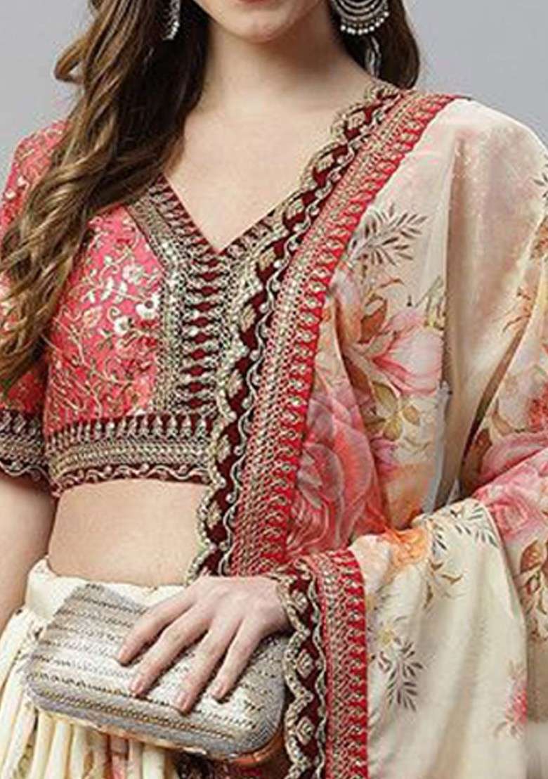 Cream Emboridered Blended Lehenga Choli - Indya