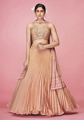 Peach Emboridered Blended Lehenga Choli