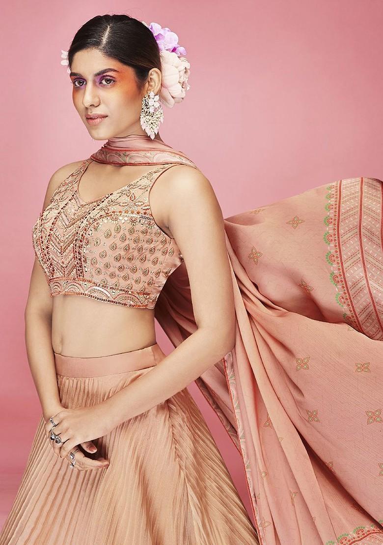 Peach Emboridered Blended Lehenga Choli - Indya