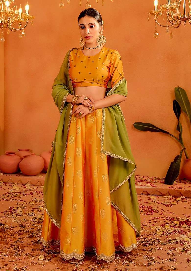 Mustard Emboridered Blended Lehenga Choli - Indya