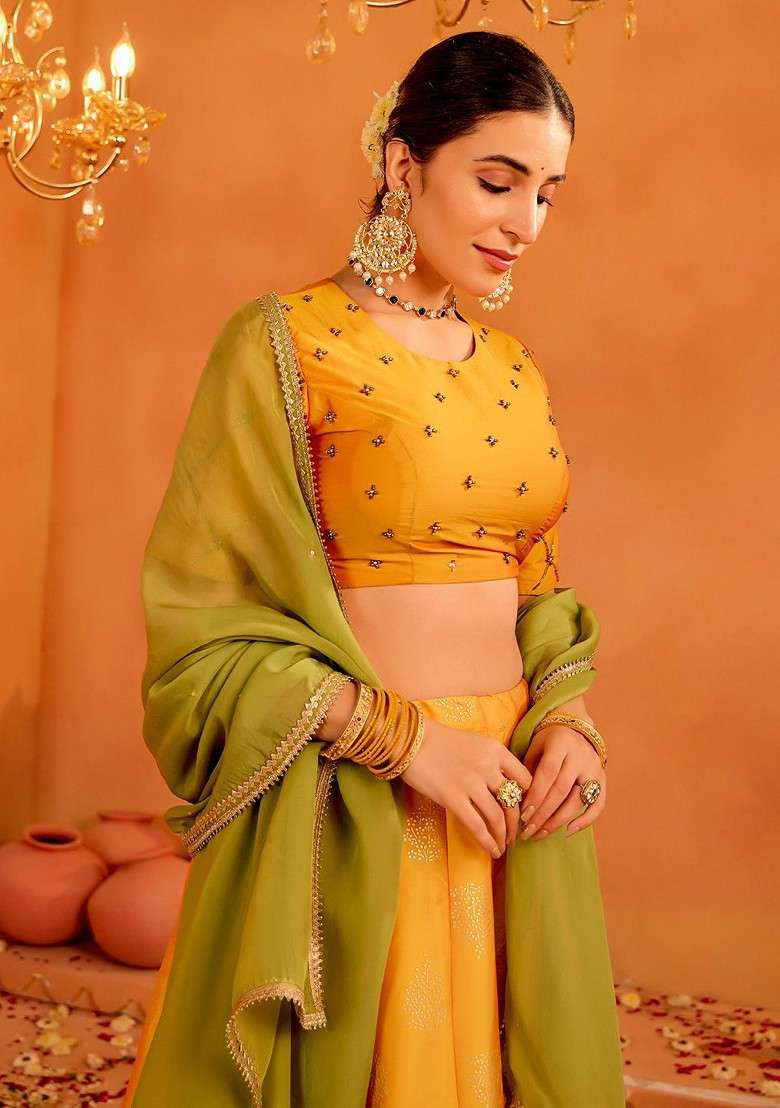 Mustard Emboridered Blended Lehenga Choli - Indya