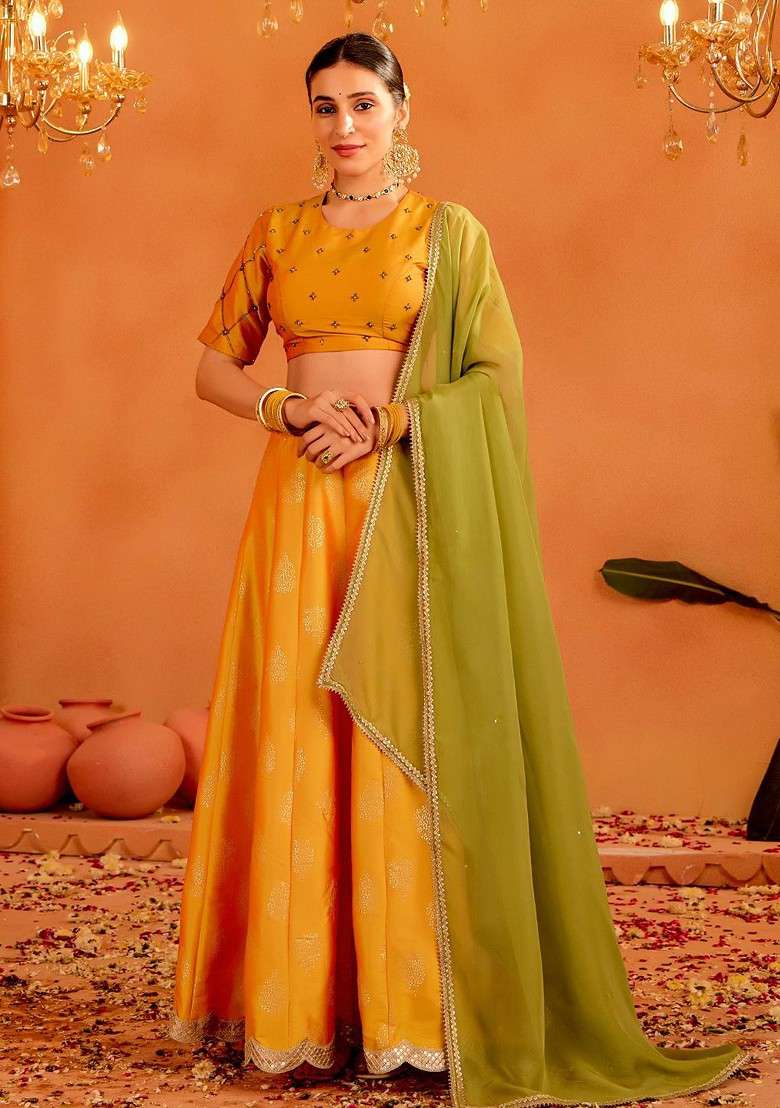 Mustard Emboridered Blended Lehenga Choli - Indya