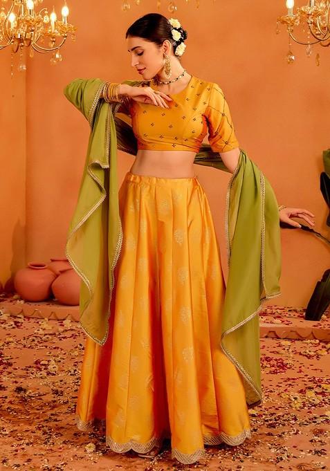 Mustard Emboridered Blended Lehenga Choli — view on Indya