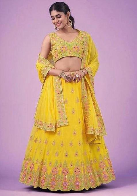 Yellow Emboridered Blended Lehenga Choli