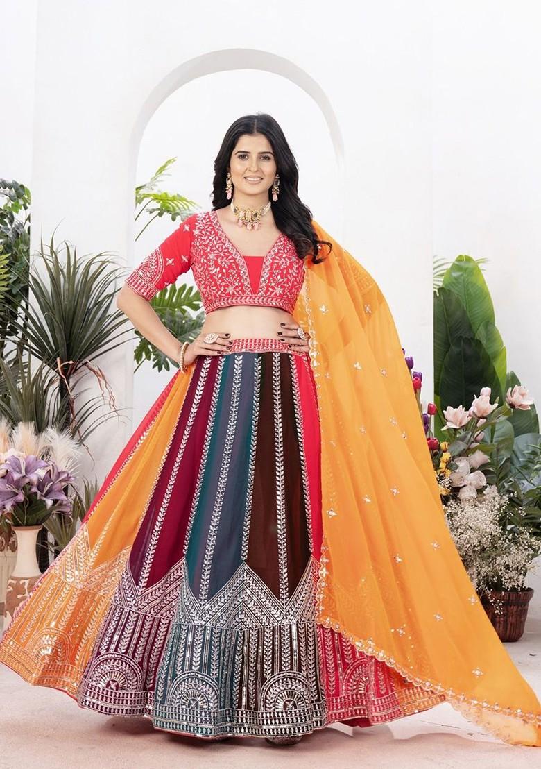 Pink Emboridered Blended Lehenga Choli - Indya