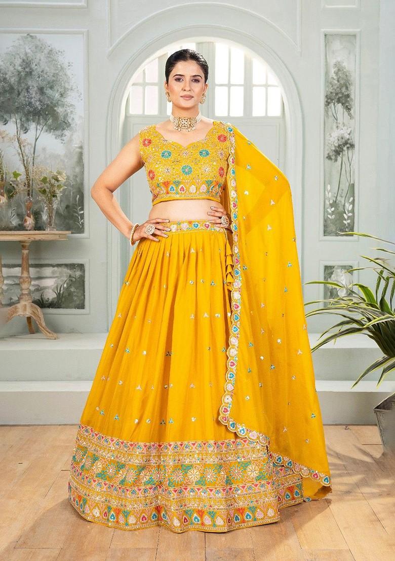 Mustard Emboridered Blended Lehenga Choli - Indya