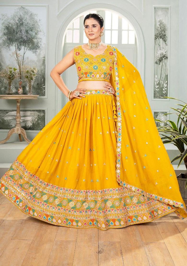 Mustard Emboridered Blended Lehenga Choli - Indya