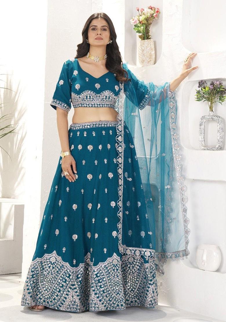 Teal Emboridered Blended Lehenga Choli - Indya