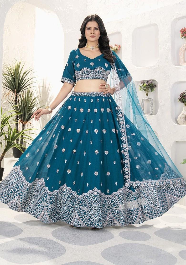 Teal Emboridered Blended Lehenga Choli - Indya