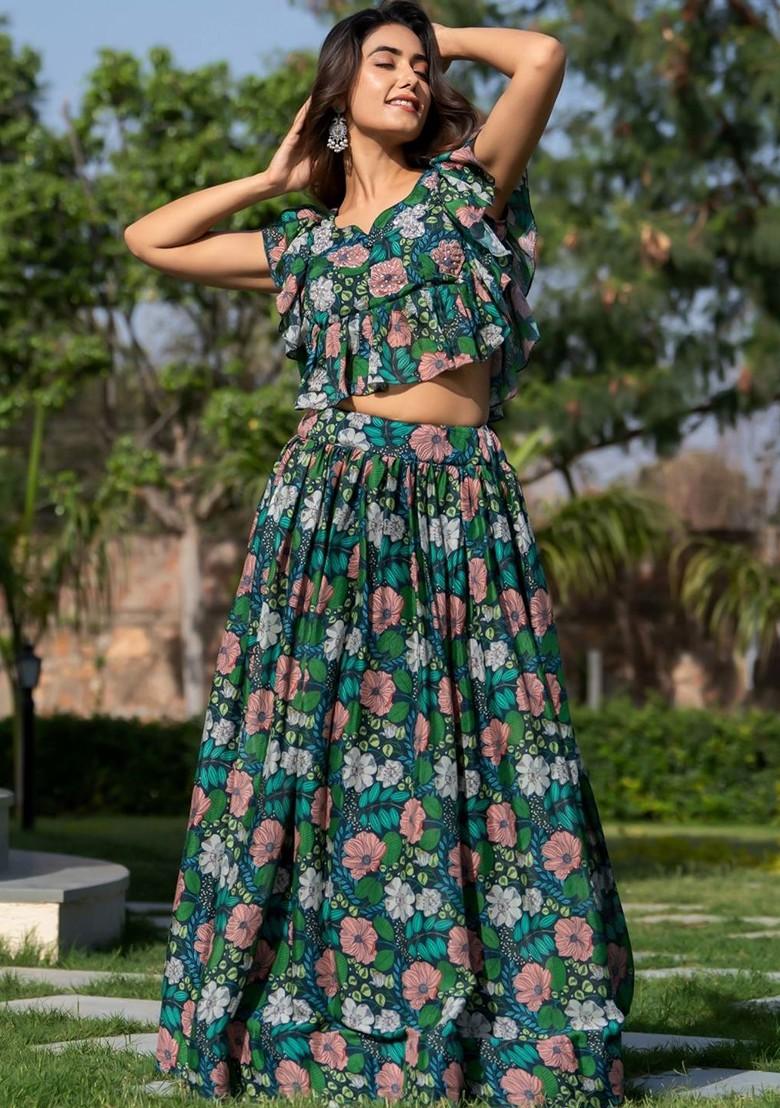 Green Printed Blended Lehenga Choli - Indya
