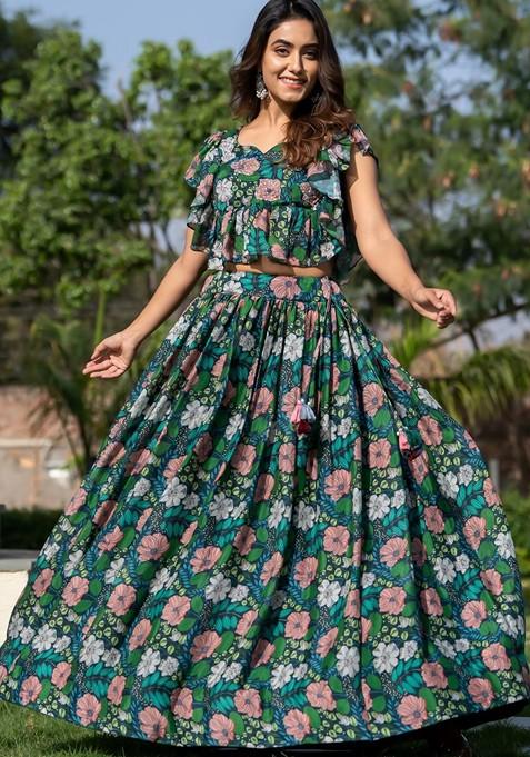 Green Printed Blended Lehenga Choli