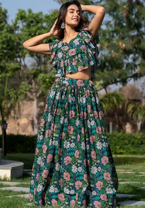 Green Printed Blended Lehenga Choli
