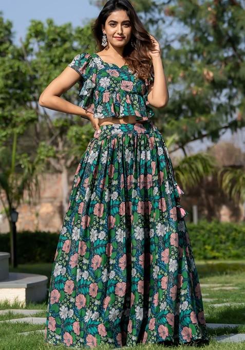 Green Printed Blended Lehenga Choli