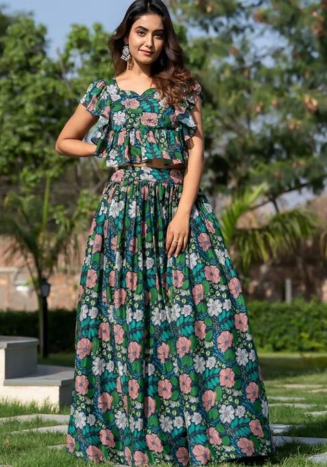 Green Printed Blended Lehenga Choli