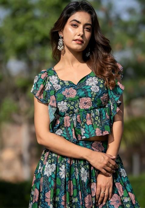 Green Printed Blended Lehenga Choli
