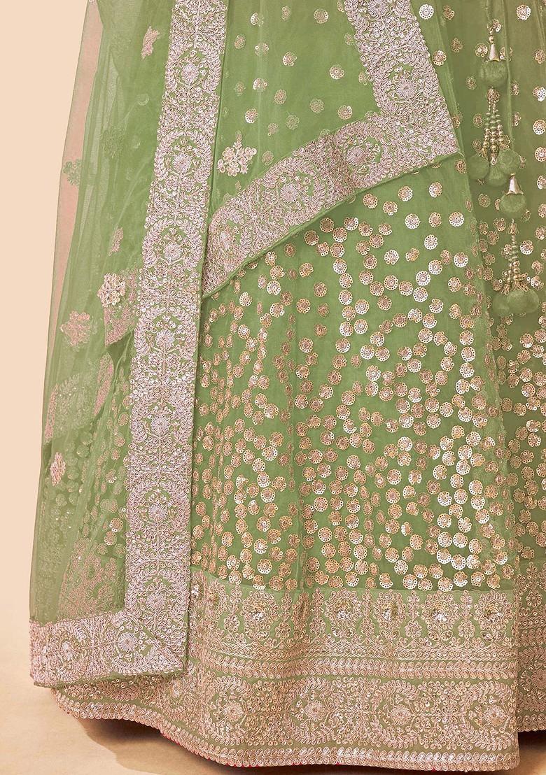 Green Emboridered Blended Lehenga Choli - Indya
