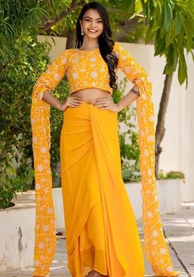 Mustard Emboridered Blended Lehenga Choli