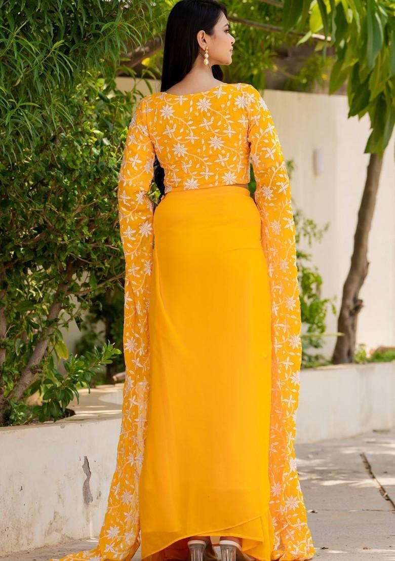 Mustard Emboridered Blended Lehenga Choli - Indya
