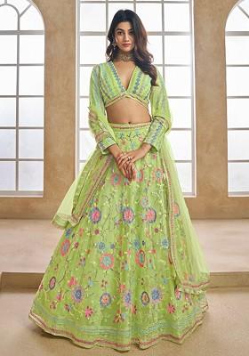 Green Emboridered Blended Lehenga Choli