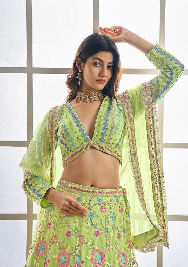 Green Emboridered Blended Lehenga Choli - Indya