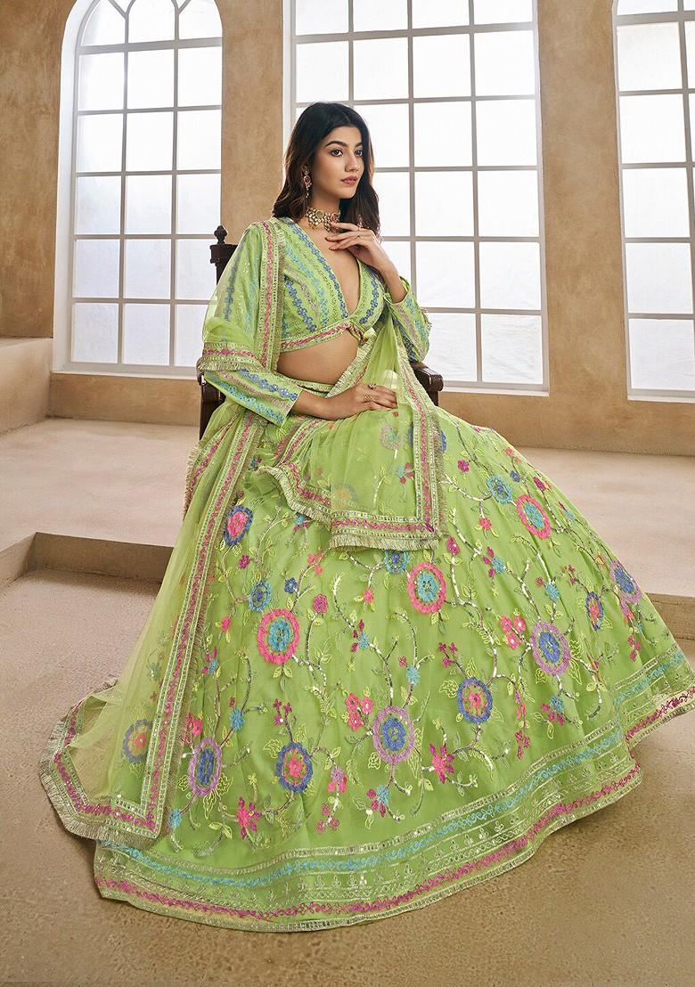 Green Emboridered Blended Lehenga Choli - Indya