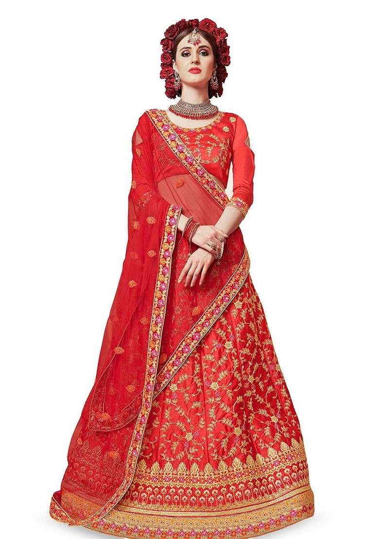 Red Emboridered Blended Lehenga Choli - Indya