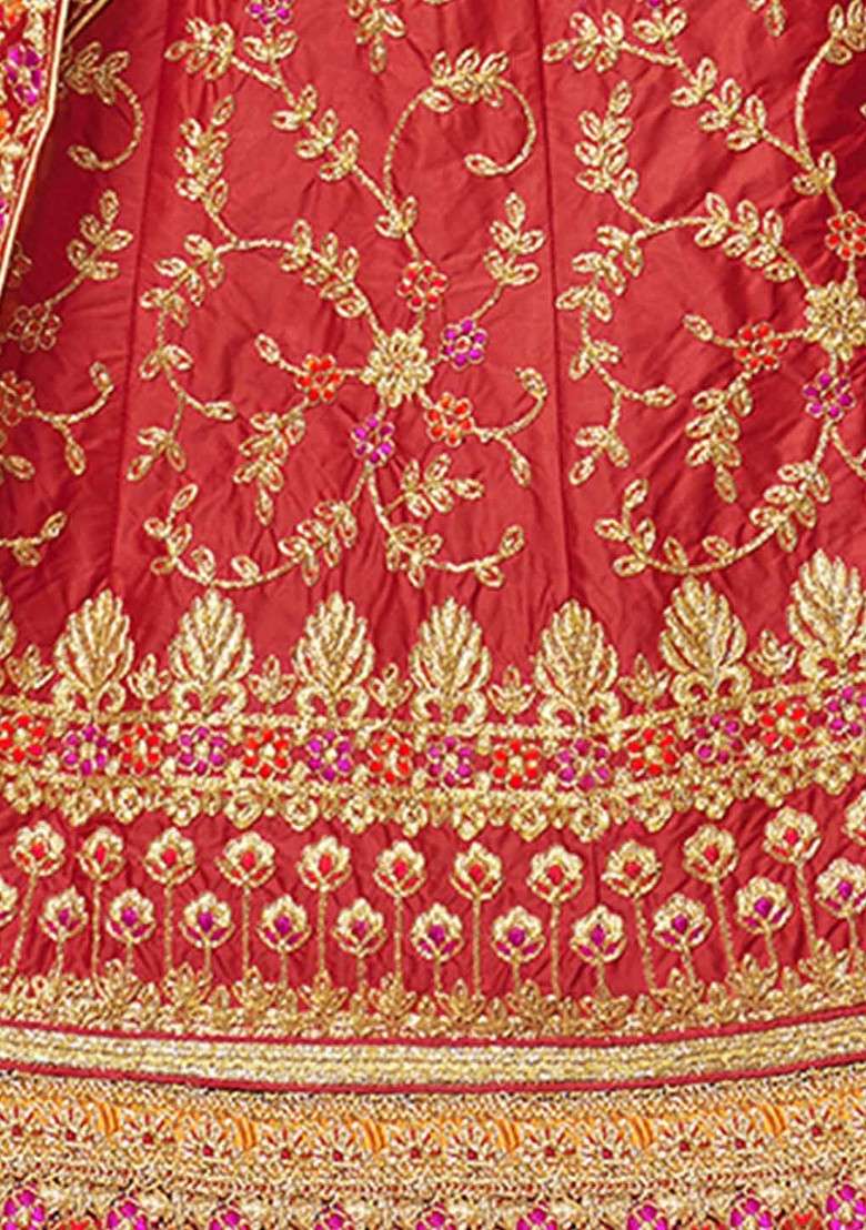 Red Emboridered Blended Lehenga Choli - Indya