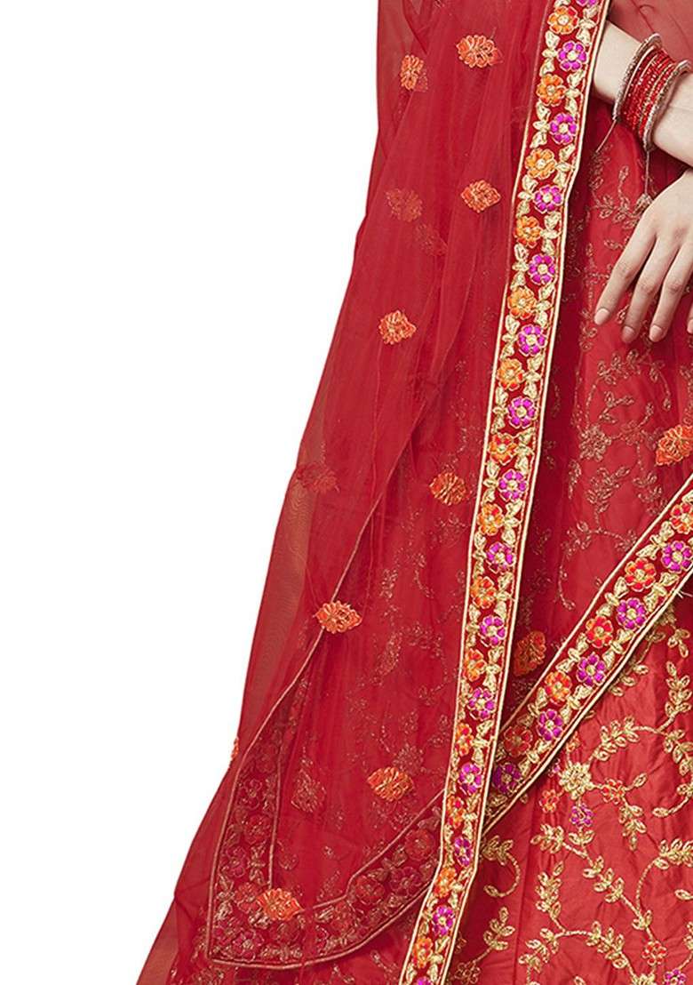 Red Emboridered Blended Lehenga Choli - Indya