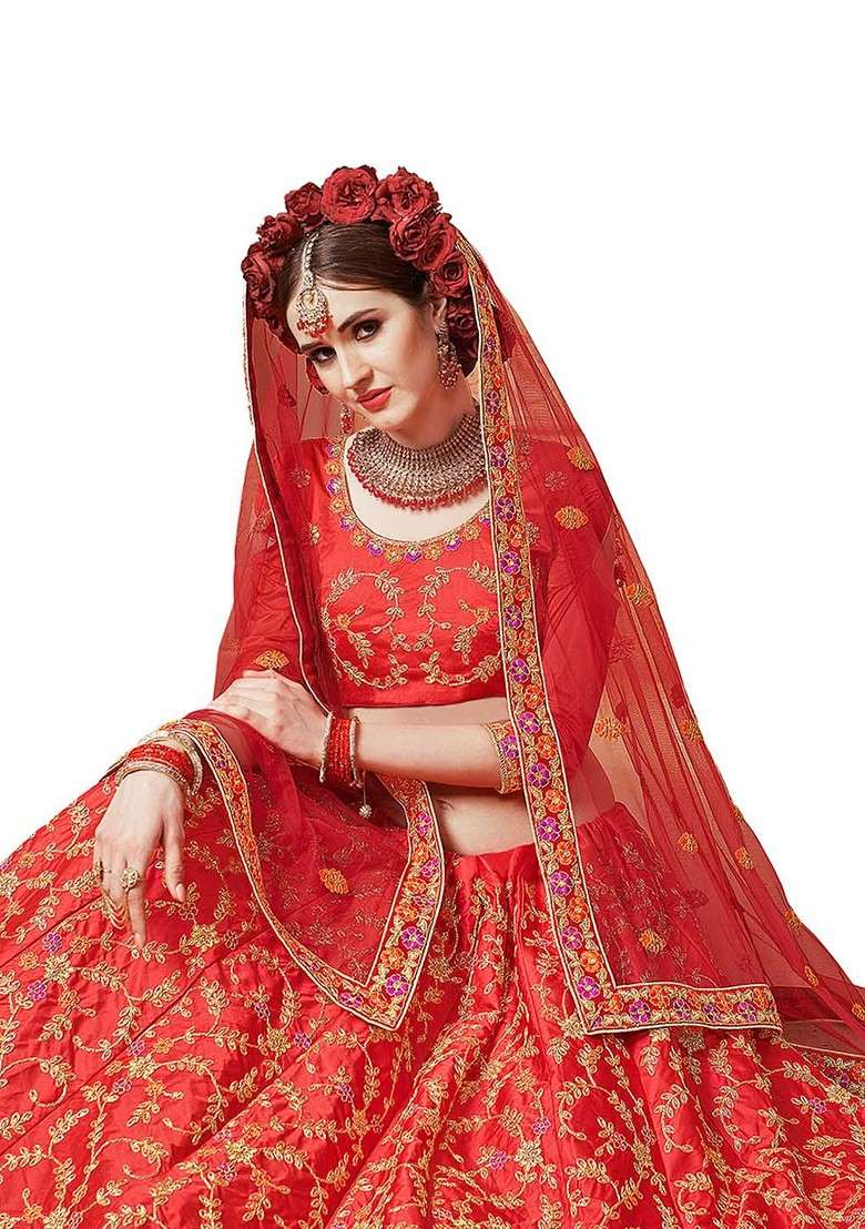 Red Emboridered Blended Lehenga Choli - Indya