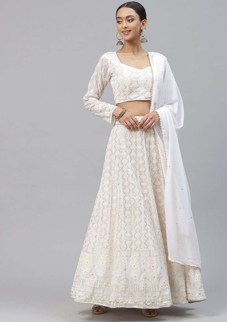 White Emboridered Blended Lehenga Choli - Indya