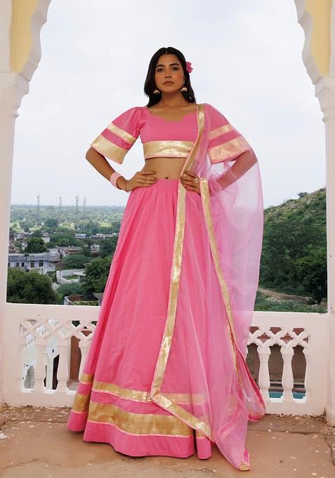 Pink Embellished Blended Lehenga Choli