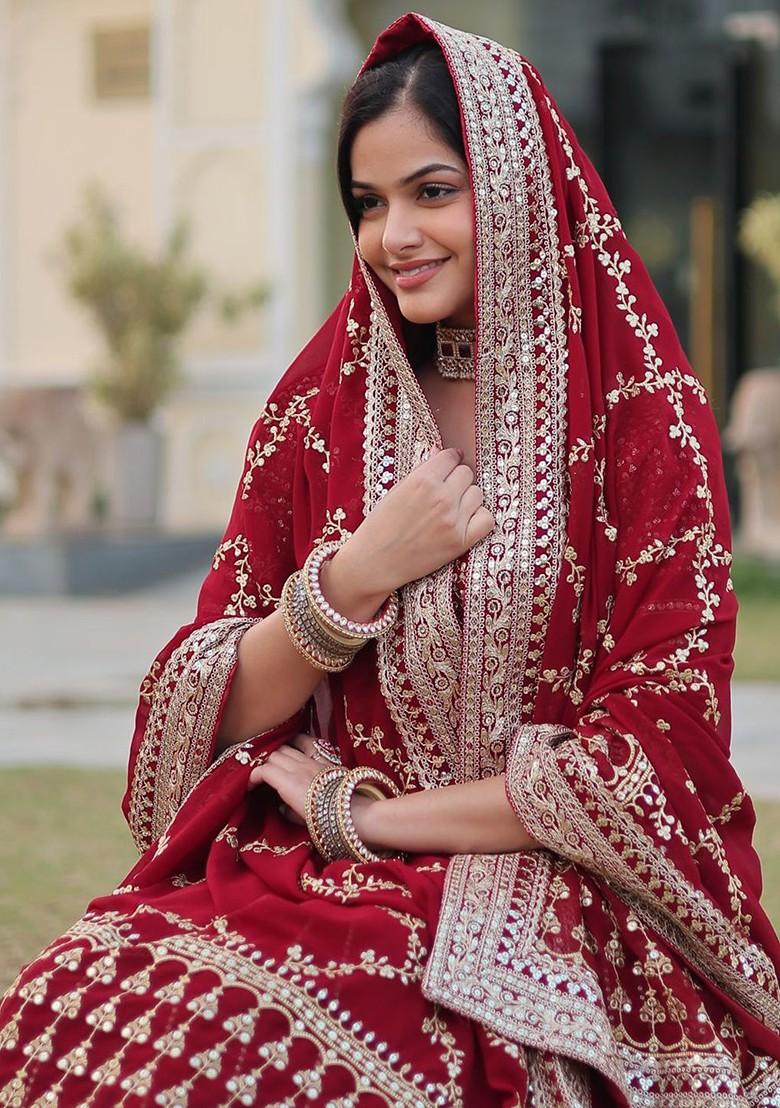 Maroon Embellished Blended Lehenga Choli - Indya
