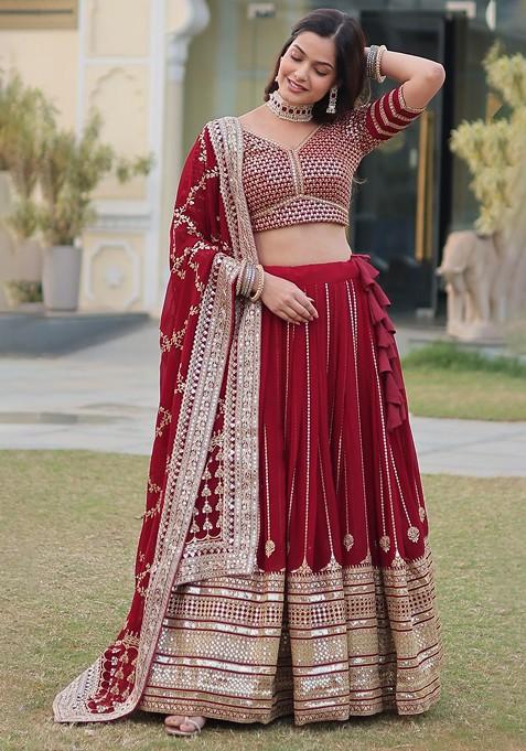 Maroon Embellished Blended Lehenga Choli — view on Indya
