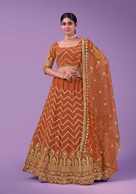 Orange Emboridered Blended Lehenga Choli