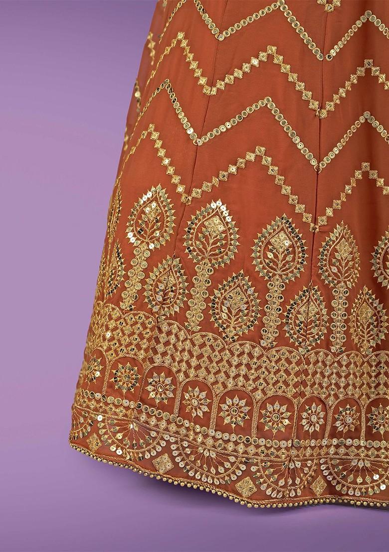 Orange Emboridered Blended Lehenga Choli - Indya