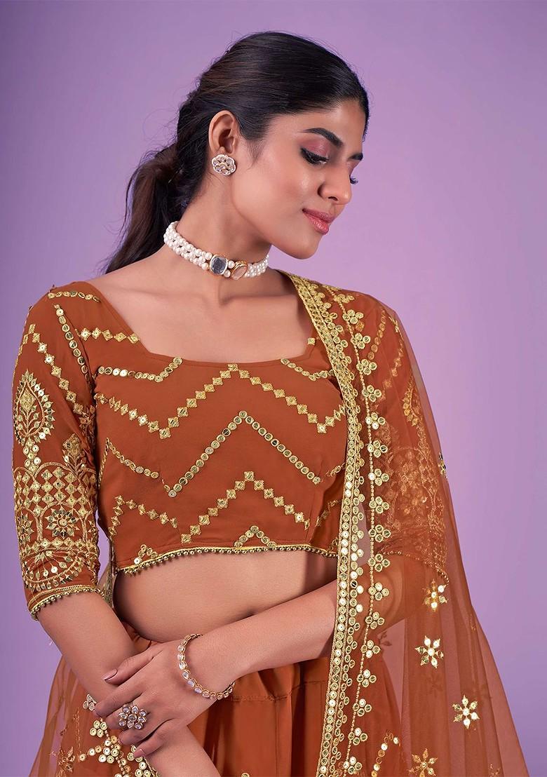 Orange Emboridered Blended Lehenga Choli - Indya