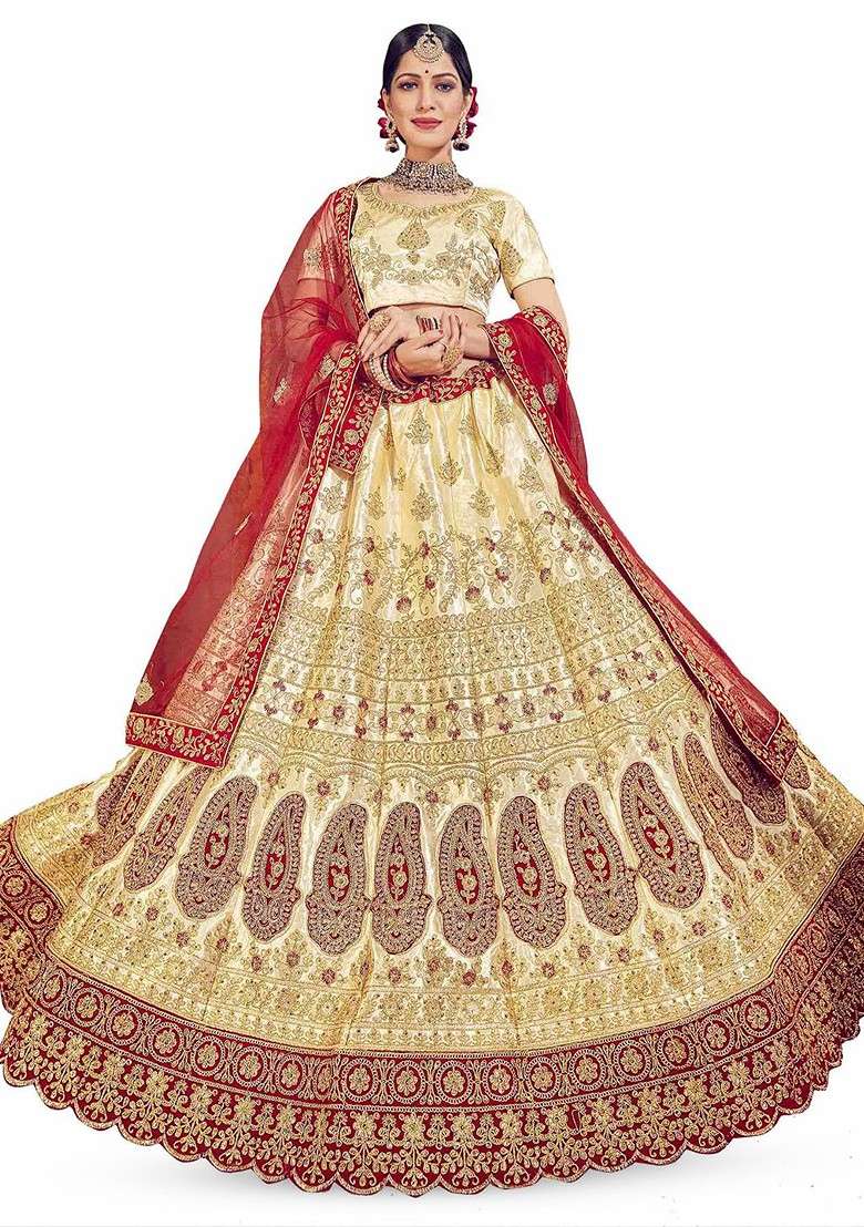 Beige Emboridered Blended Lehenga Choli - Indya