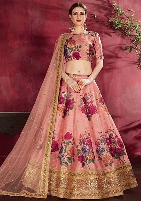 Peach Embellished Blended Lehenga Choli