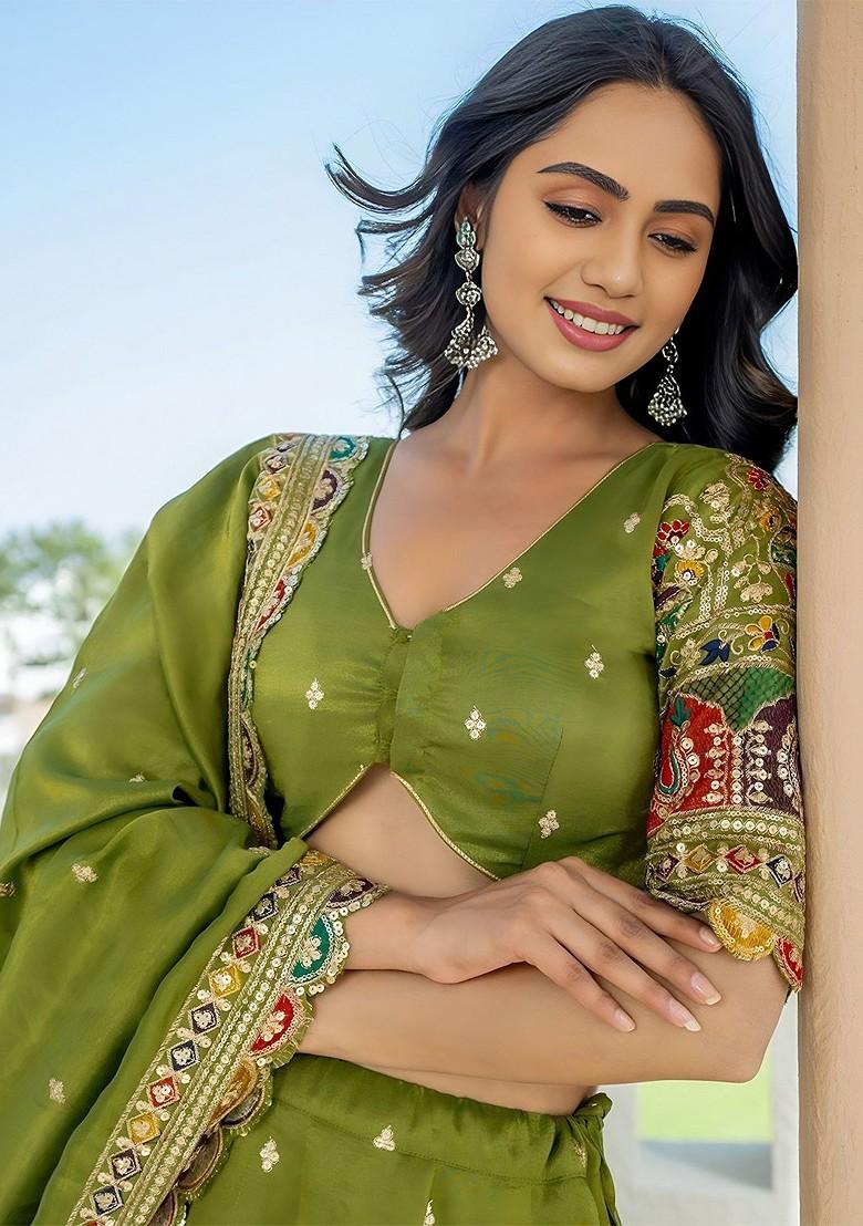 Green Emboridered Blended Lehenga Choli - Indya