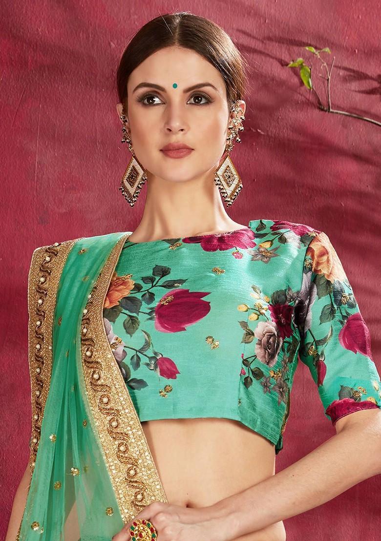 Green Embellished Blended Lehenga Choli - Indya