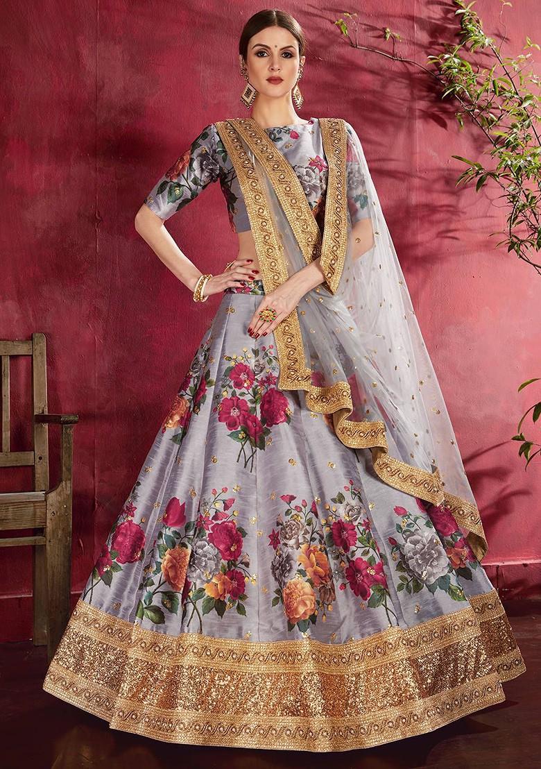 Grey Embellished Blended Lehenga Choli - Indya