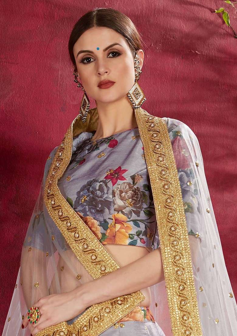 Grey Embellished Blended Lehenga Choli - Indya