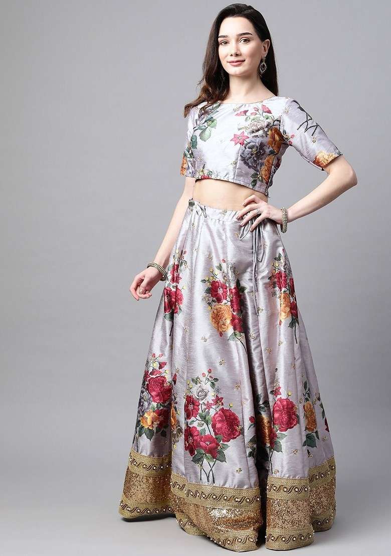 Grey Embellished Blended Lehenga Choli - Indya