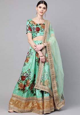 Green Embellished Blended Lehenga Choli