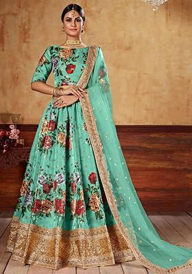 Green Embellished Blended Lehenga Choli