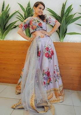Grey Embellished Blended Lehenga Choli